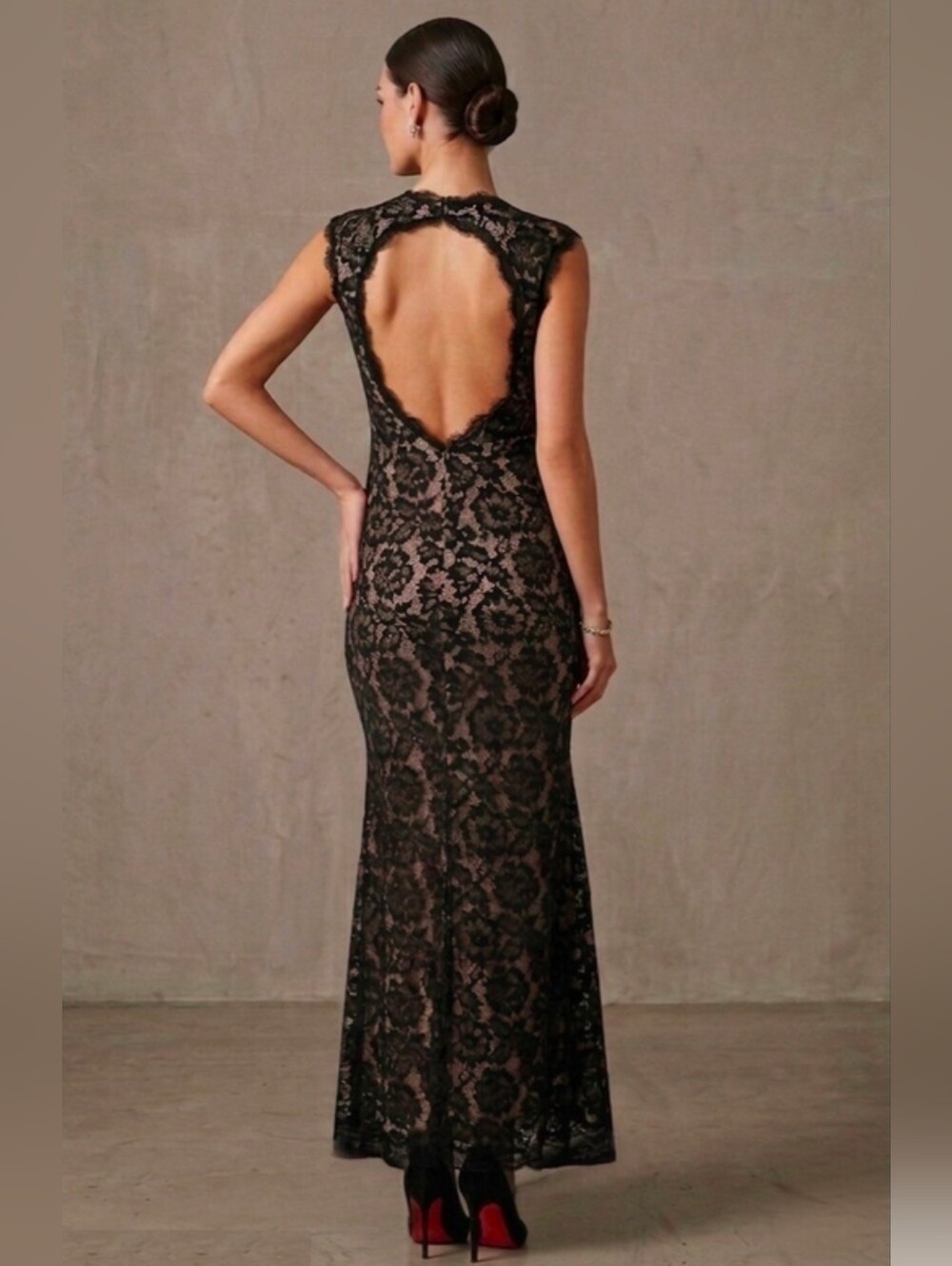 Betsy & Adam Open-Back Lace Evening Gown Dress